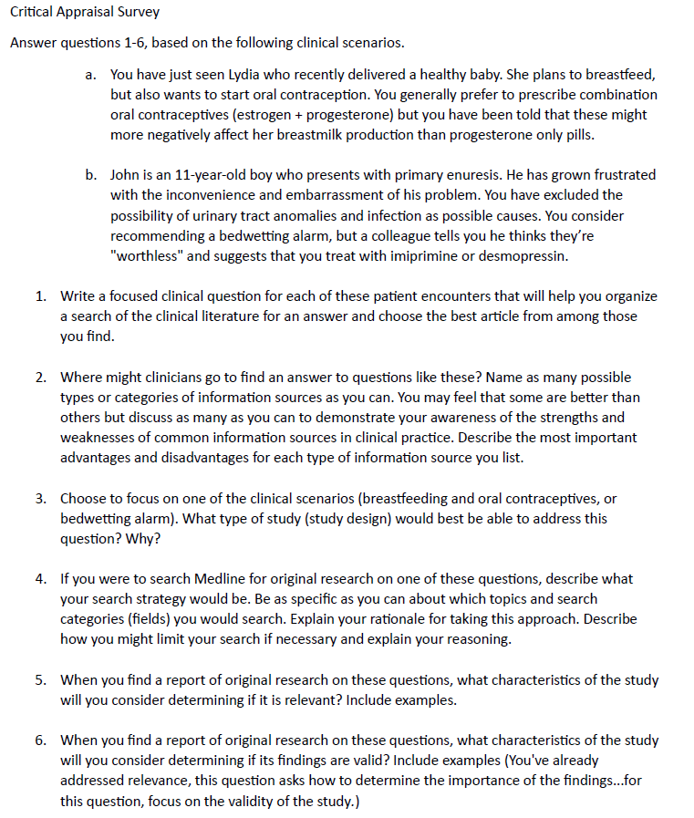 This image shows the Critical Appraisal Survey, also known as the Modified Fresno Test, which researchers distributed to students after the Evidence-Based Research workshop. The survey asks participants to respond to six questions based on two case scenarios.
